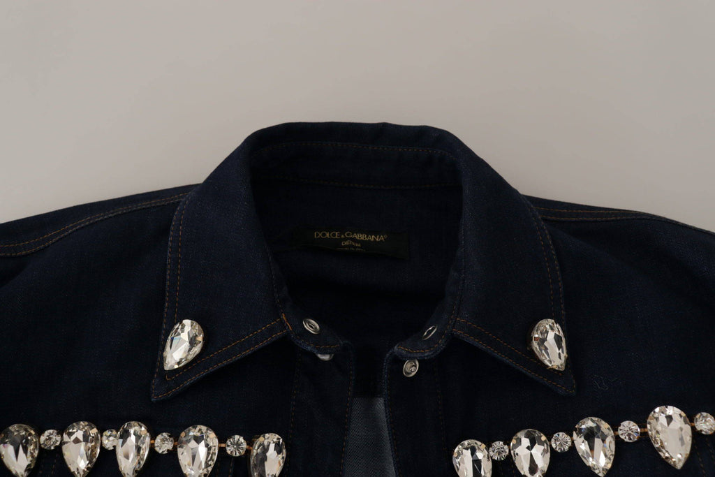 Veste en coton bleu Denim Dolce & Gabbana avec embellissements en cristal, style chic et élégant.