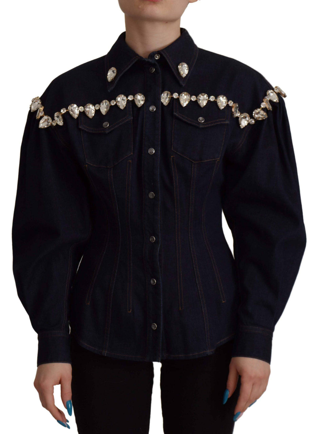 Veste en coton bleu Dolce & Gabbana avec embellissements en cristal et détails en denim.