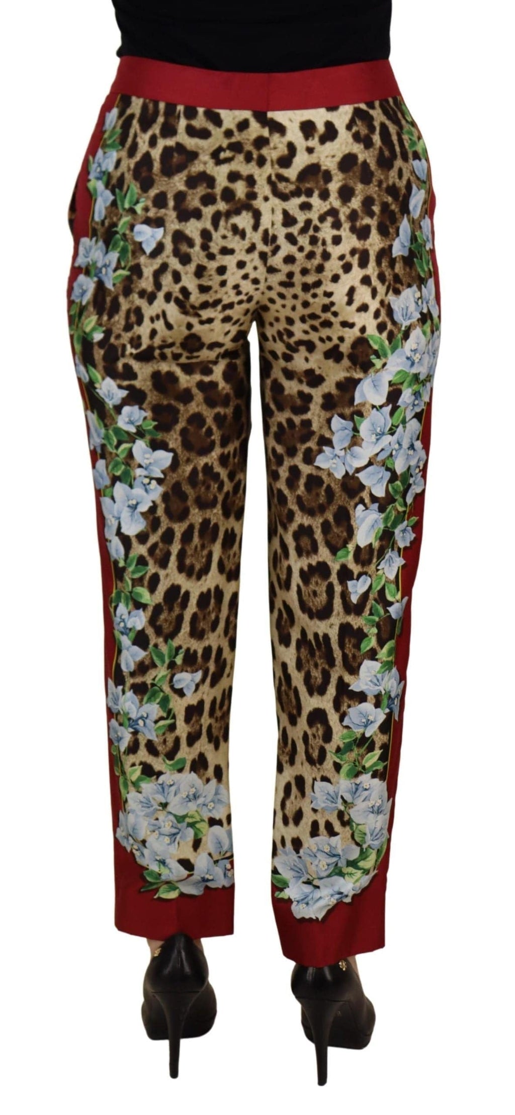 Pantalon Dolce & Gabbana à la taille moyenne avec motif léopard multicolore et imprimé floral, pantalon tendance pour femmes.