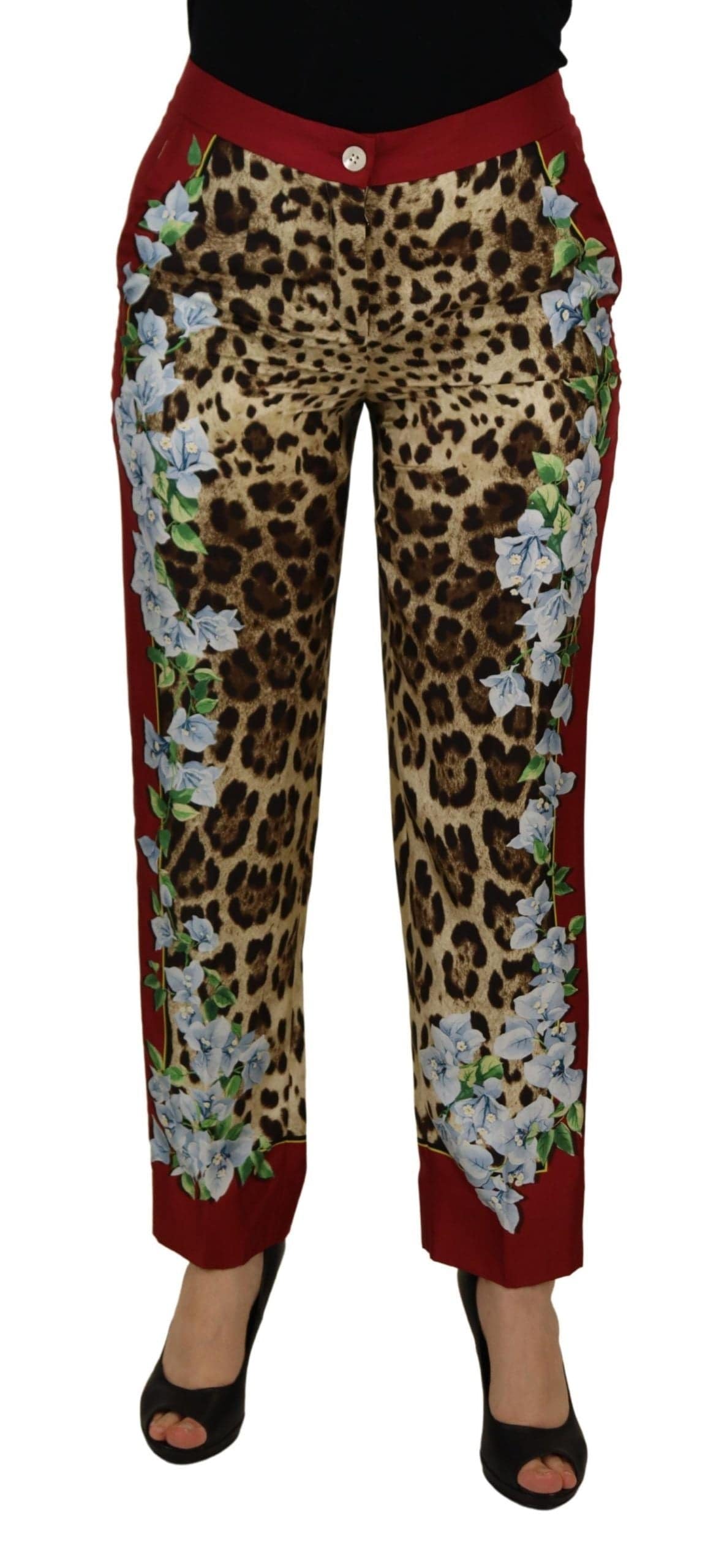 Pantalon Dolce & Gabbana à imprimé léopard multicolore et motif floral, taille moyenne, en tissu léger.