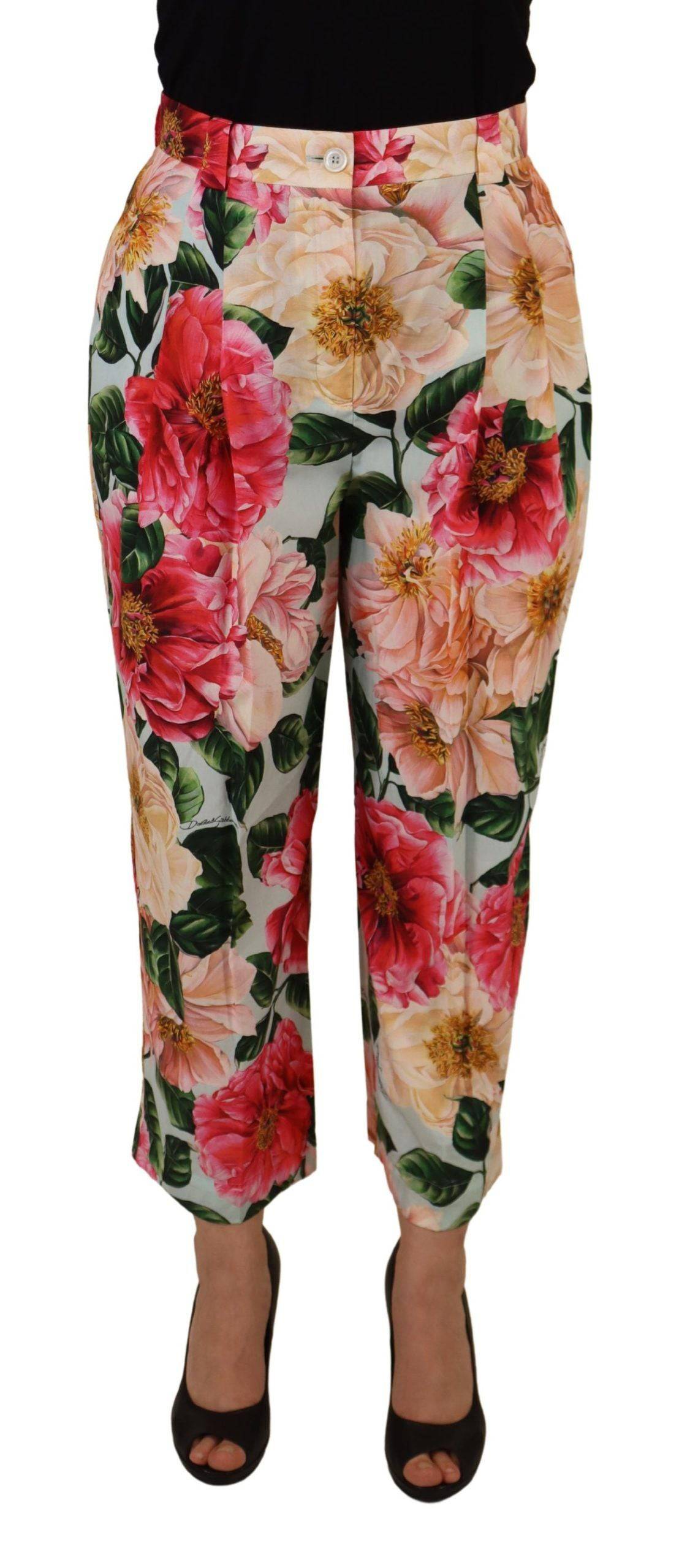 Pantalon cropped à taille haute Dolce & Gabbana avec imprimé floral multicolore, style élégant et tendance.