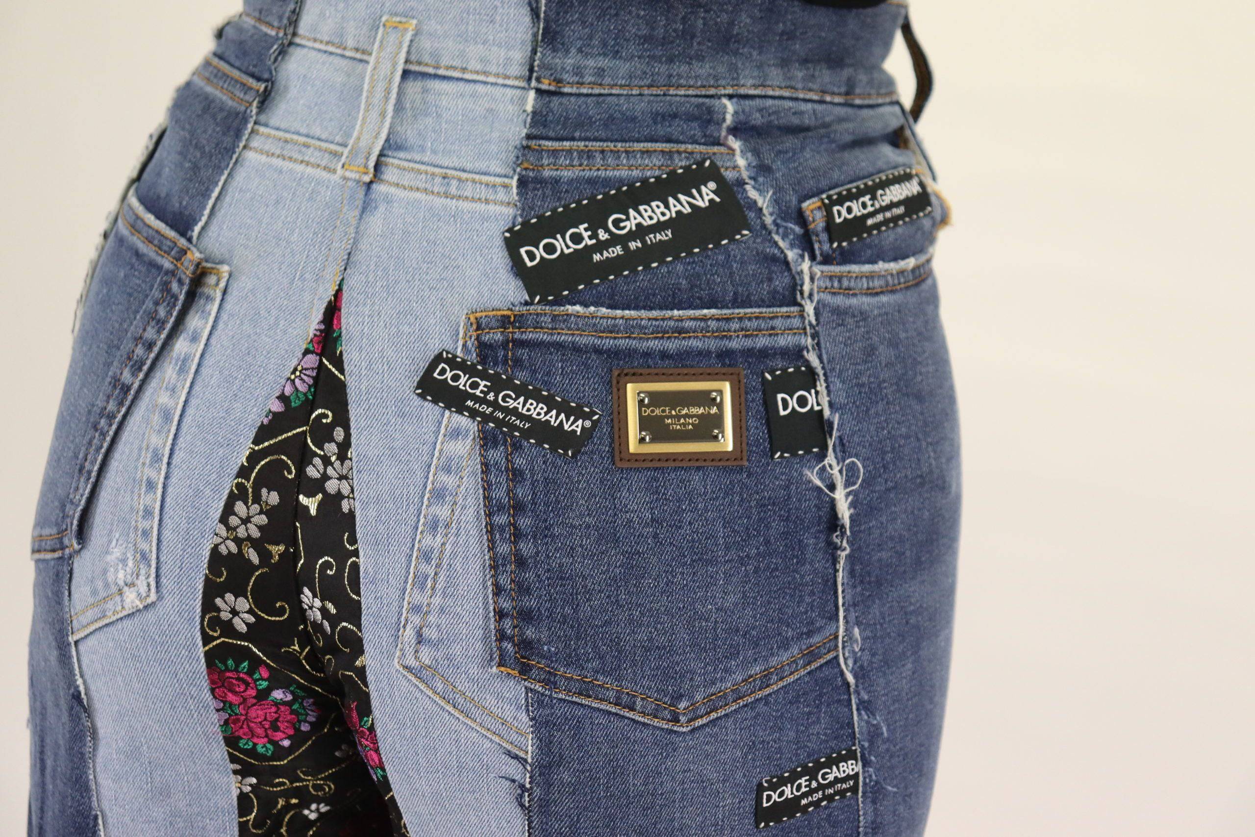 Pantalon en jean à jambes larges Dolce & Gabbana à patchwork multicolore, style mode avec détails colorés.