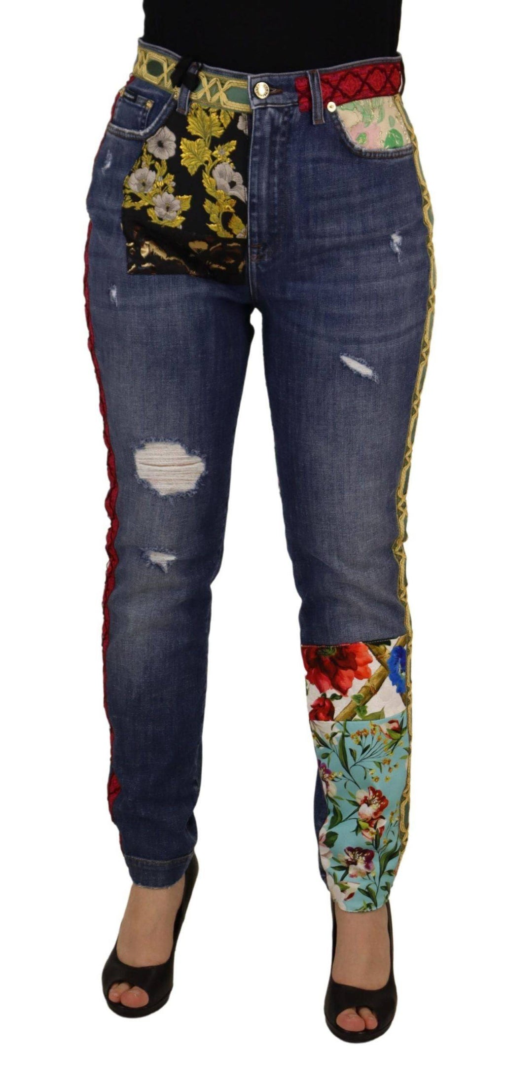 Jeans en denim à patchwork bleu Dolce & Gabbana, taille haute, mode tendance avec détails colorés et couture élégante.