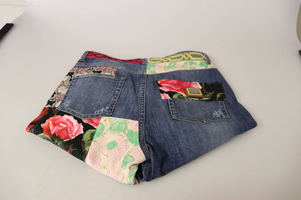 Jeans en denim à patchwork bleu à taille haute de Dolce & Gabbana, style tendance et coupe élégante.