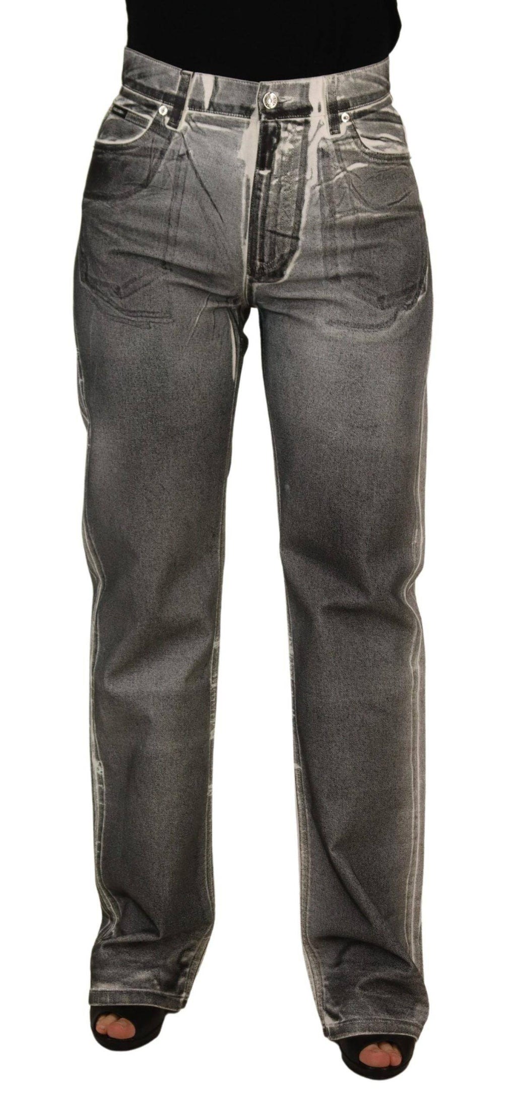 Pantalon en jean gris délavé à taille haute de Dolce & Gabbana, en coton, affichant une coupe moderne et élégante.