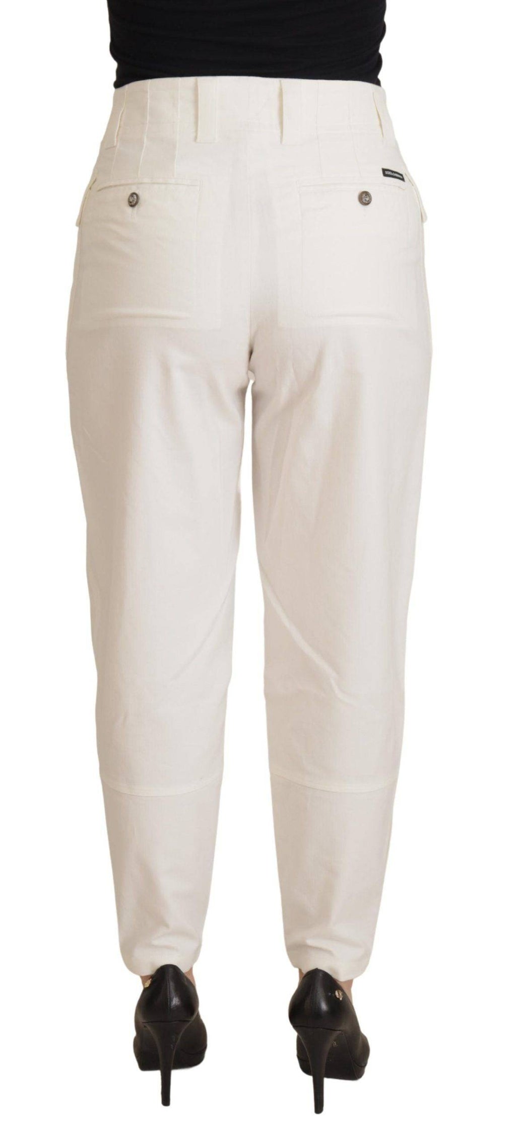 Pantalons pour femmes Dolce & Gabbana en coton blanc à taille haute et coupe tapered, vue détaillée du produit.