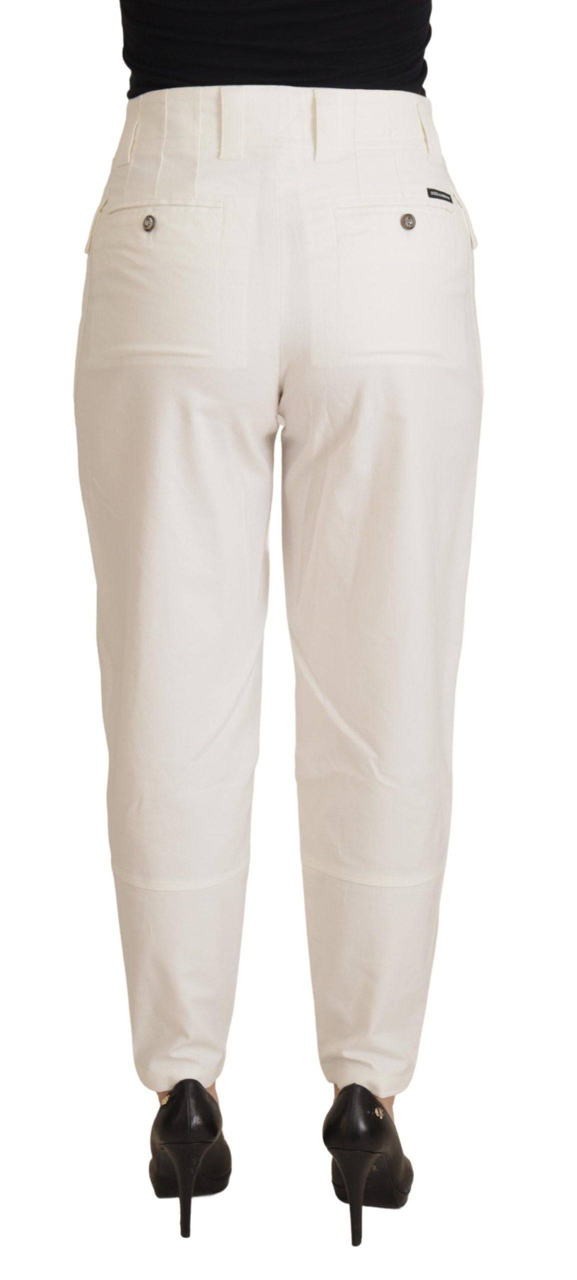 Pantalons pour femmes Dolce & Gabbana en coton blanc à taille haute et coupe tapered, vue détaillée du produit.