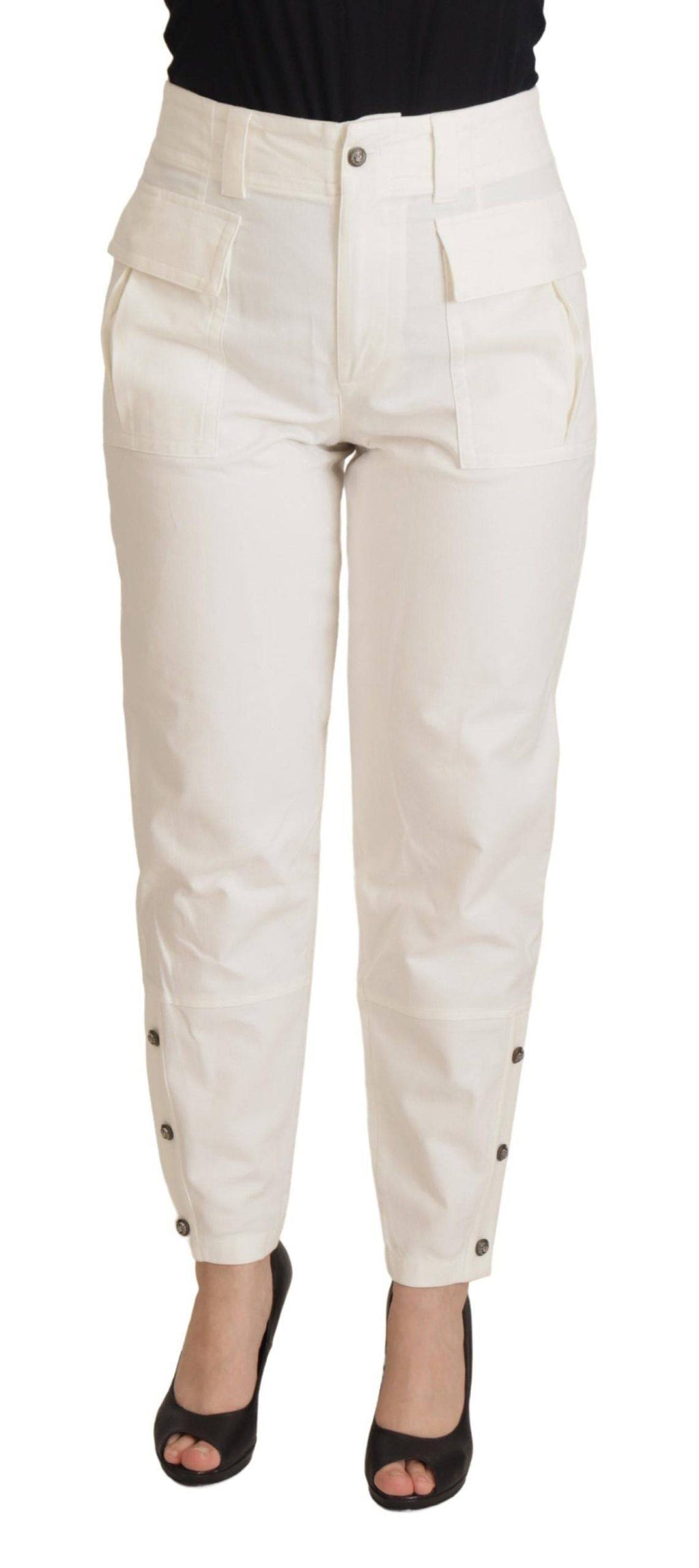 Pantalons pour femmes Dolce & Gabbana en coton blanc à taille haute et coupe tapered, visibles sur la photo.