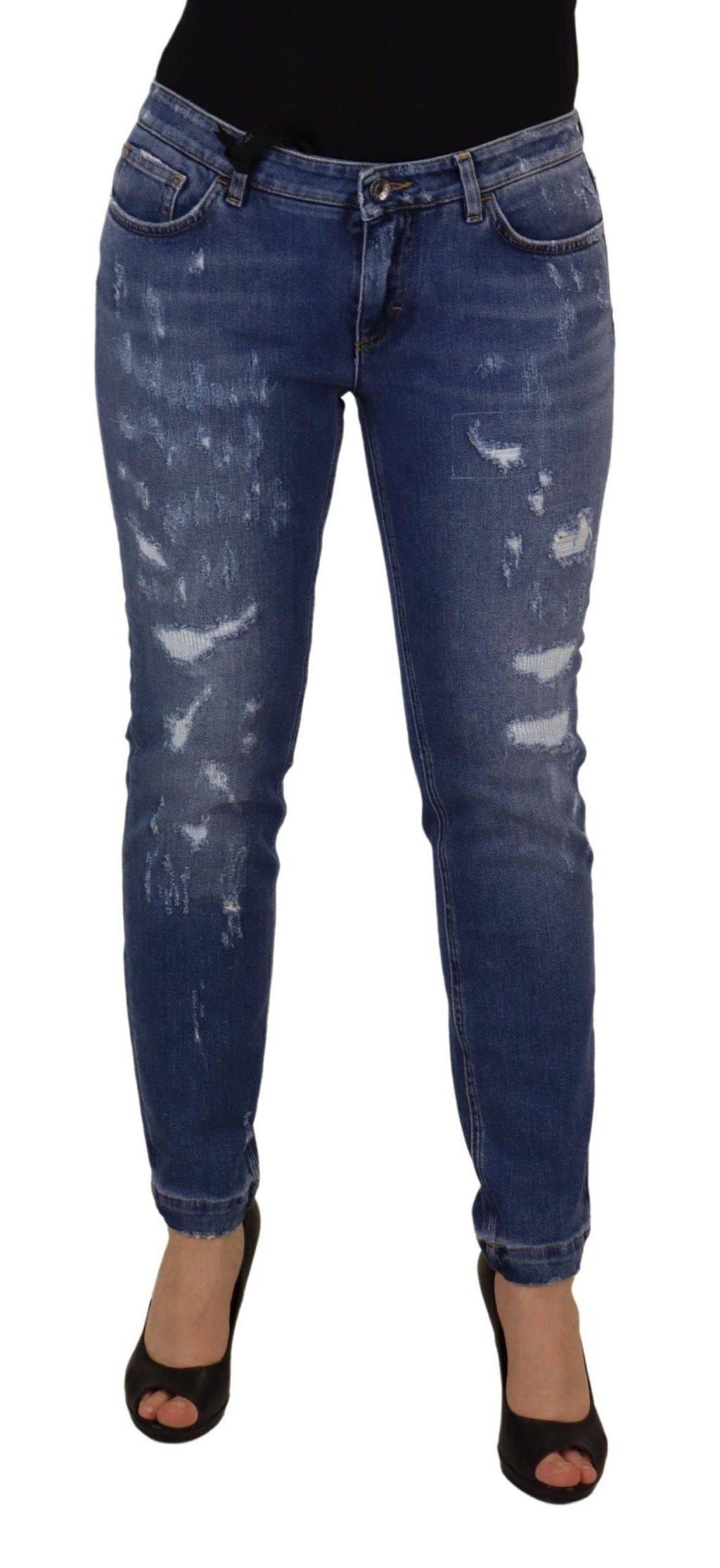 Jeans skinny bleu en denim en coton lavé de Dolce & Gabbana, taille basse, ajustés et modernes.