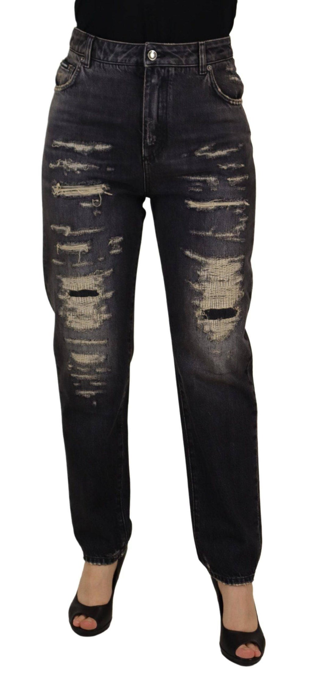 Jeans en jean délavé noir Dolce & Gabbana à taille haute, déchirés et usés, style décontracté et tendance.