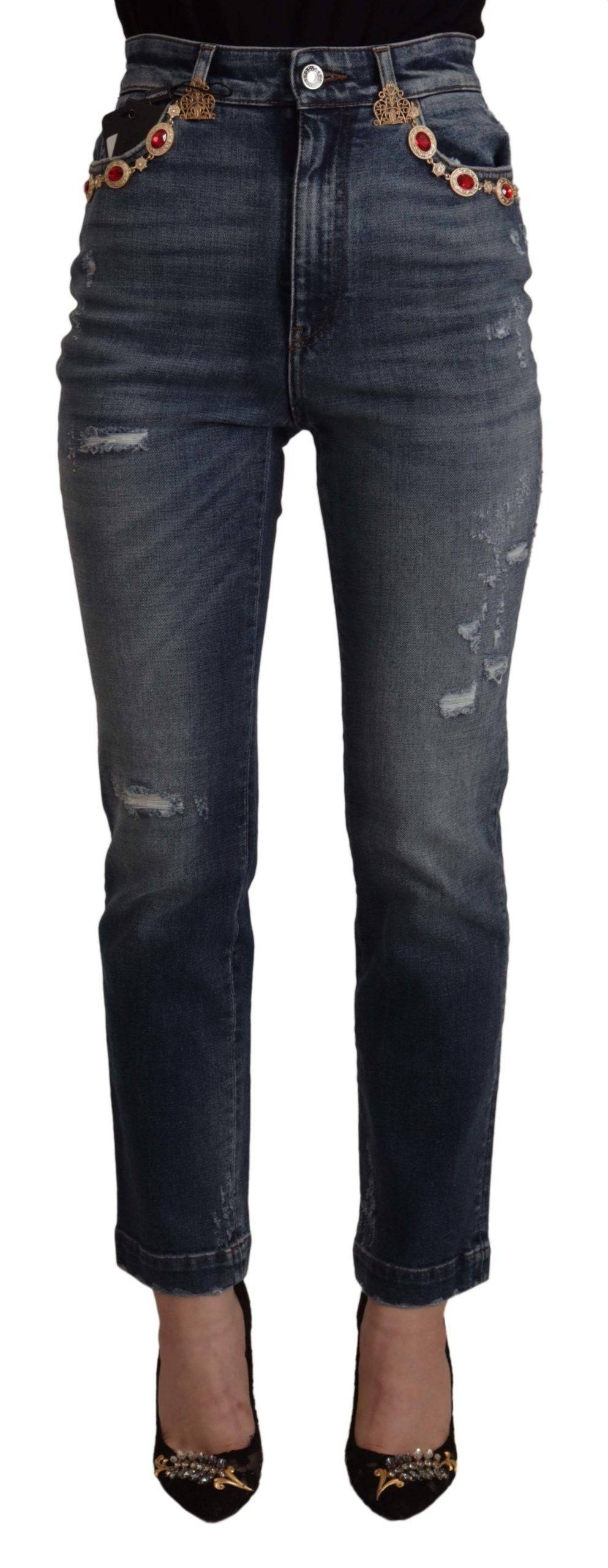 Pantalon en jean bleu Dolce & Gabbana avec cristaux, style denim, coupe moderne et détails élégants visibles sur l'image.
