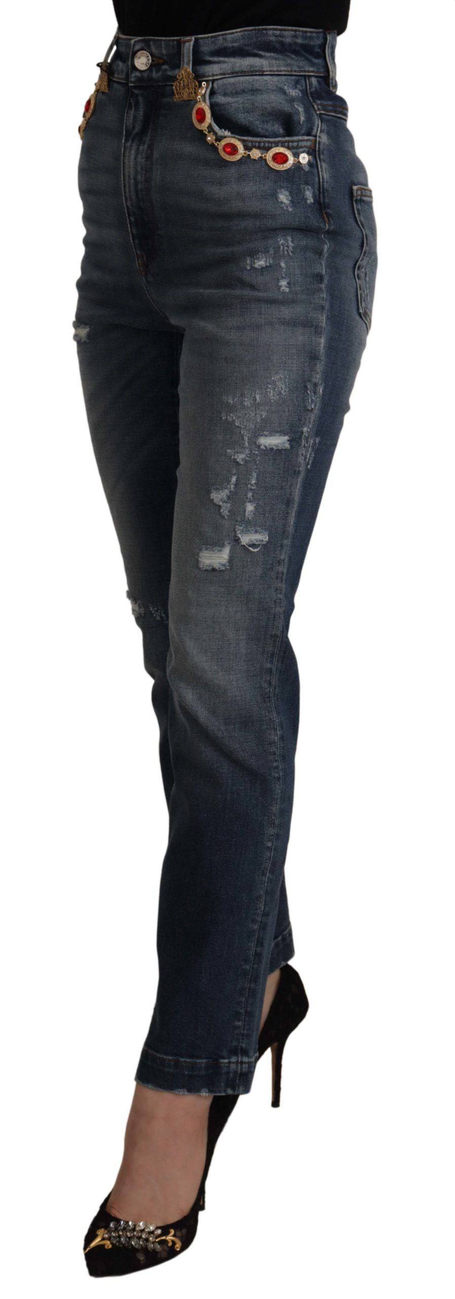 Pantalons en jean en denim bleu Dolce & Gabbana ornés de cristaux, style élégant et tendance pour femmes.