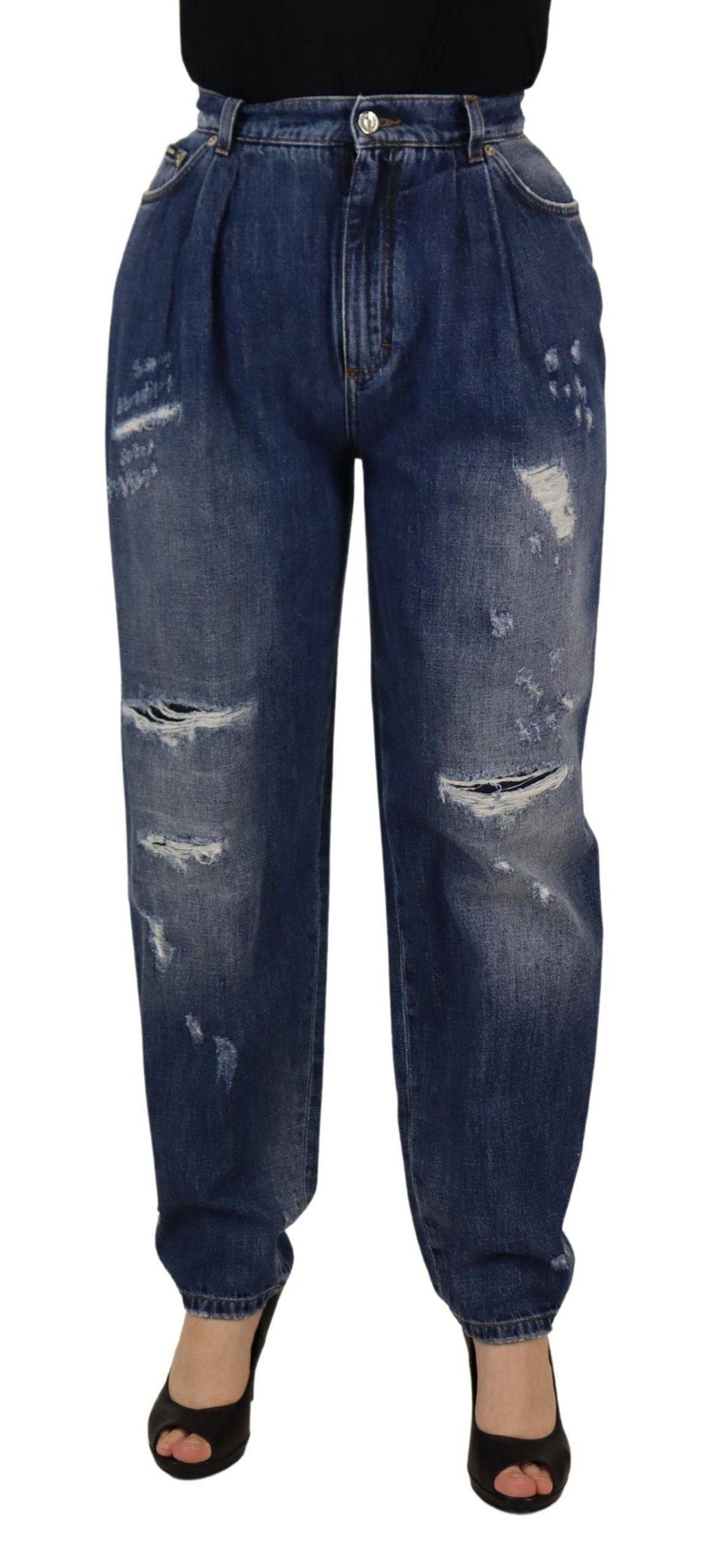 Pantalon bleu délavé à taille haute et coupe ample de Dolce & Gabbana, mode élégante et confortable.