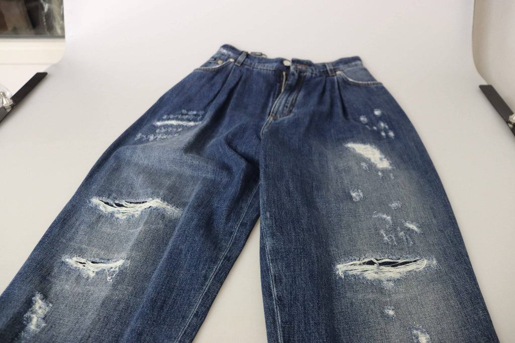 Pantalons délavés à taille haute et coupe ample de Dolce & Gabbana, en tissu bleu clair, vue de devant
