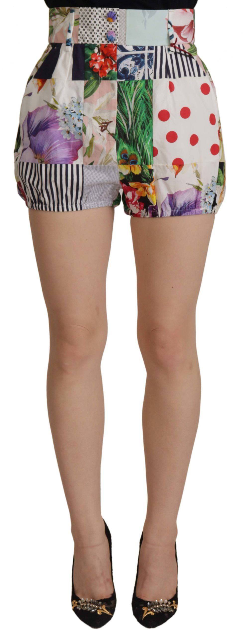 Shorts en coton à couture patchwork multicolore Dolce & Gabbana, taille haute, mode chic et tendance.