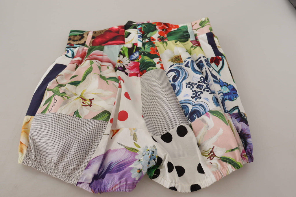 Shorts en coton à taille haute Dolce & Gabbana avec patchwork multicolore, détails colorés et style élégant.