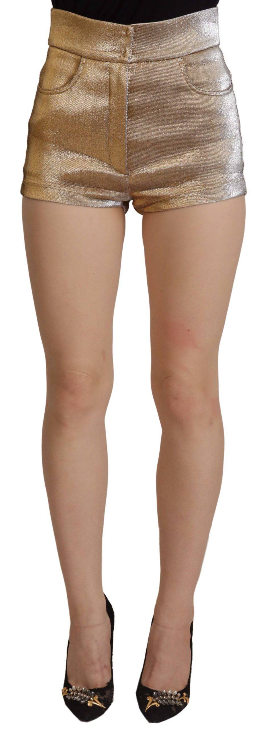 Shorts dorés en coton mélangé avec paillettes de la marque Dolce & Gabbana, vêtement court et brillant pour femmes.