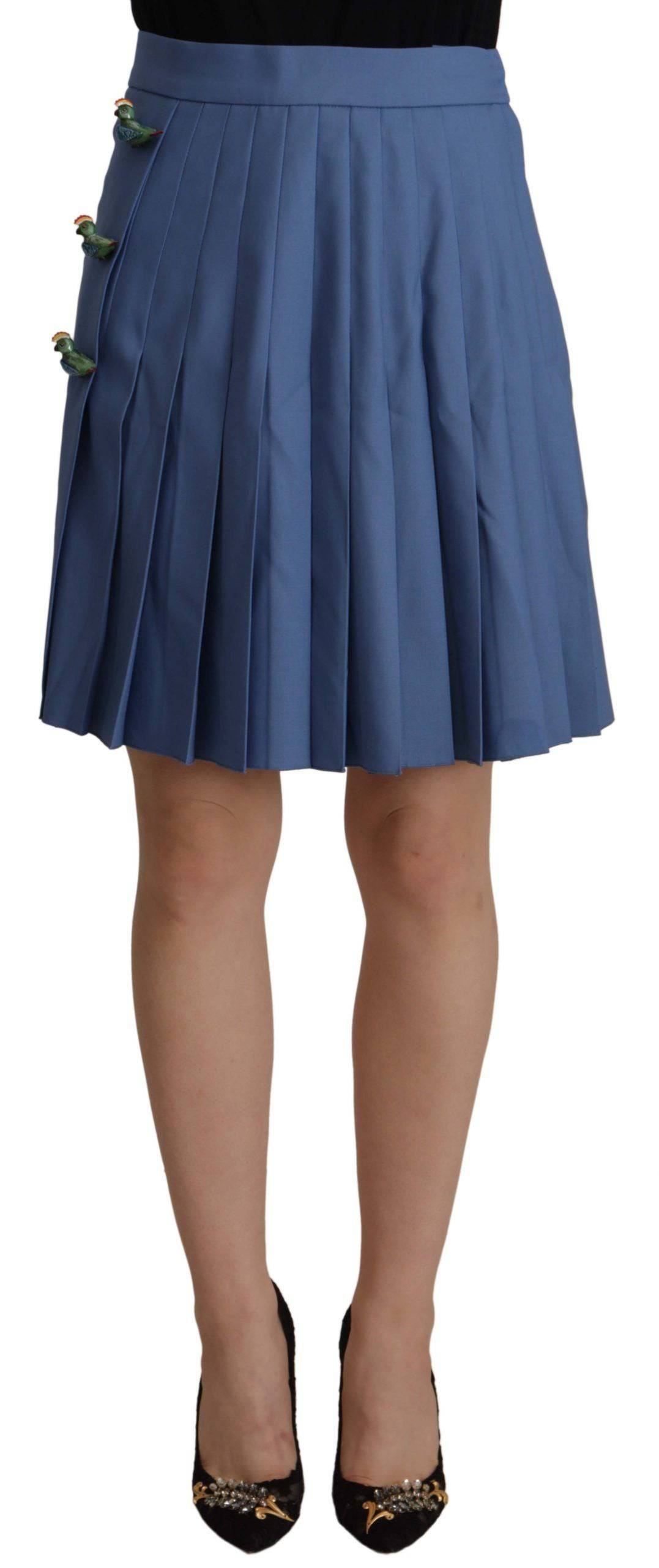 Jupe plissée mini en laine bleue Dolce & Gabbana ornée de broderies et embellissements, élégante et sophistiquée.