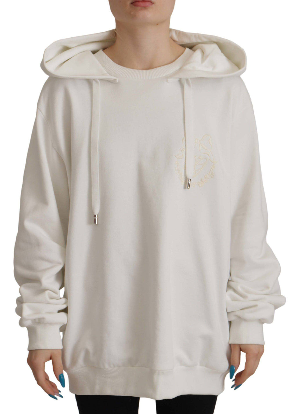 Sweat à capuche blanc Dolce & Gabbana avec broderies élégantes, pull-over en coton pour un style chic et décontracté.
