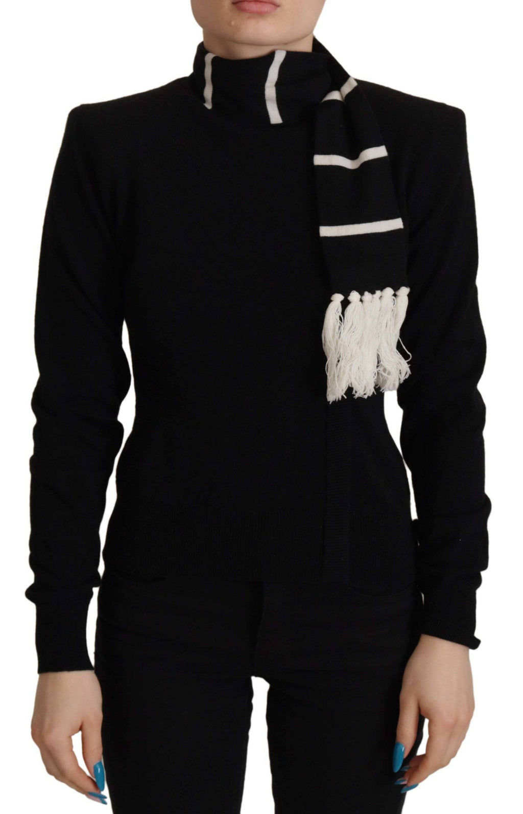 Pull en cachemire noir Dolce & Gabbana à col roulé, doux et élégant, porté sur un mannequin.