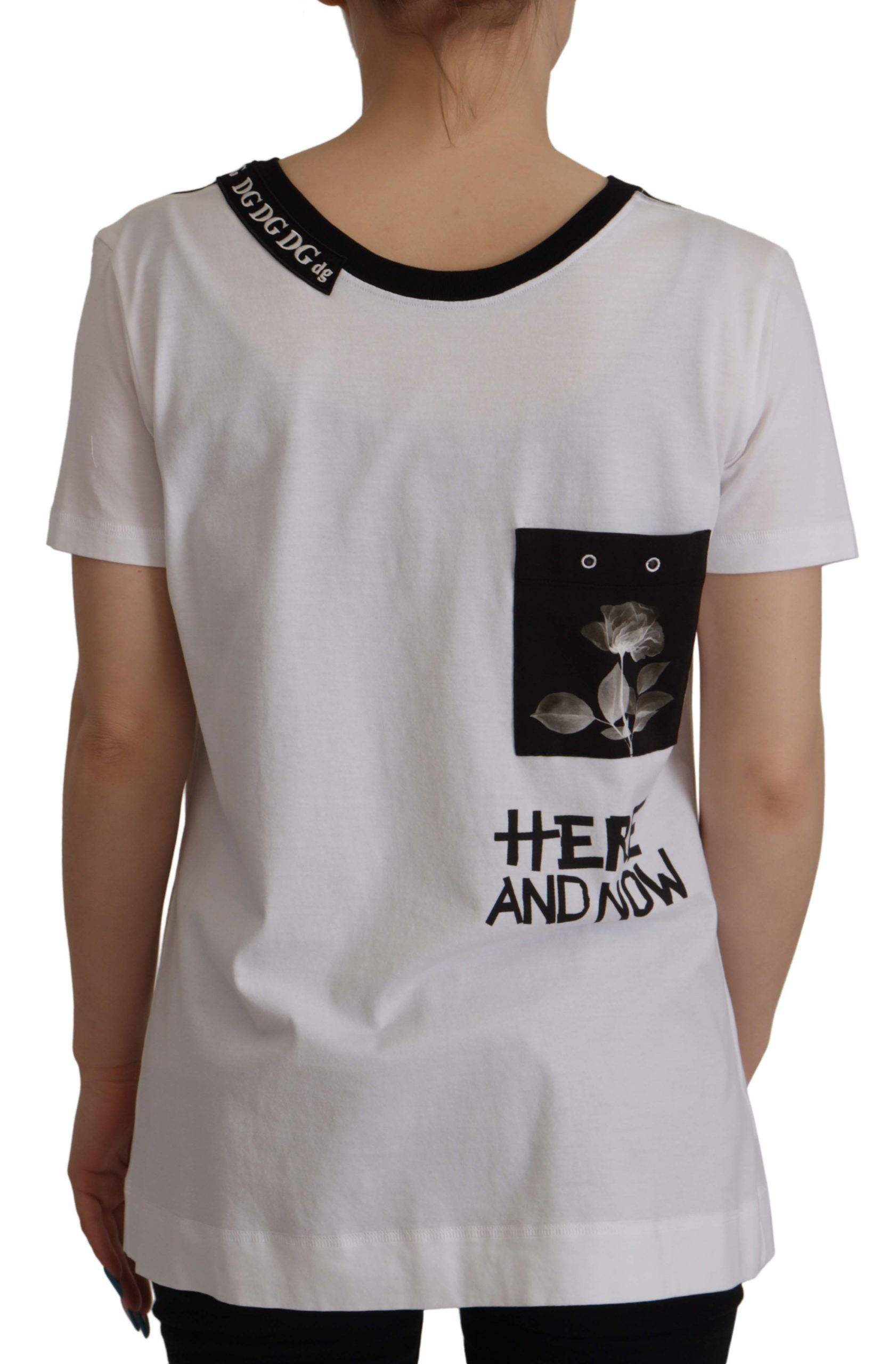 T-shirt blanc Dolce & Gabbana en coton avec slogan imprimé et col rond, vue de face.
