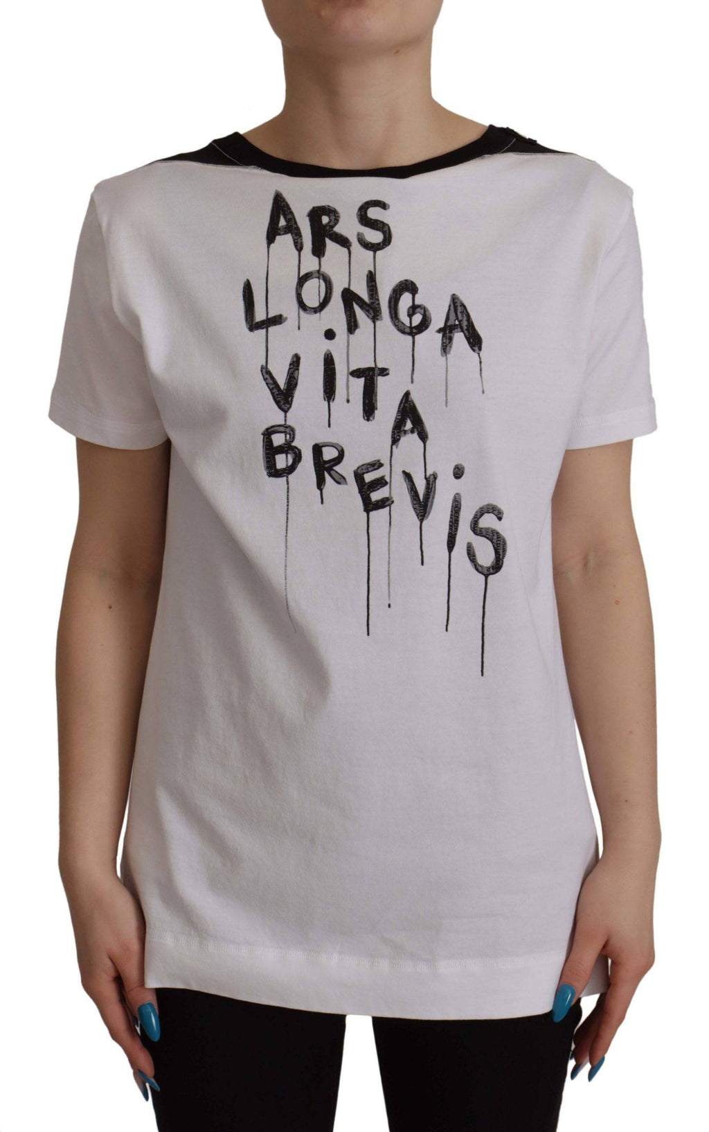 T-shirt blanc Dolce & Gabbana à slogan imprimé rond en coton, vue de face avec col rond et design décontracté.