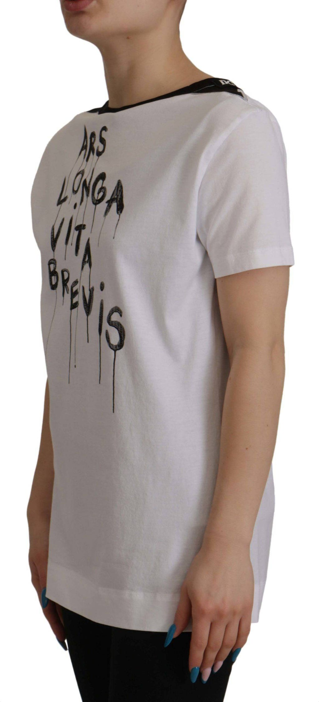 T-shirt blanc Dolce & Gabbana à col rond avec slogan imprimé en coton, vue de face.