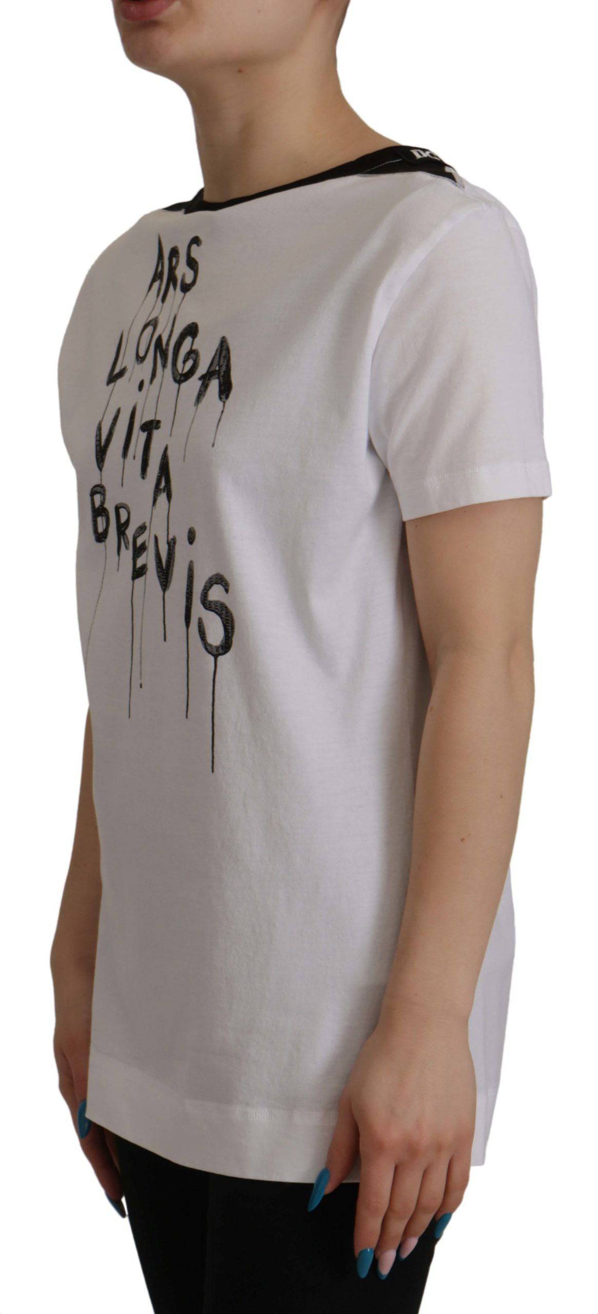 T-shirt blanc Dolce & Gabbana à col rond avec slogan imprimé en coton, vue de face.