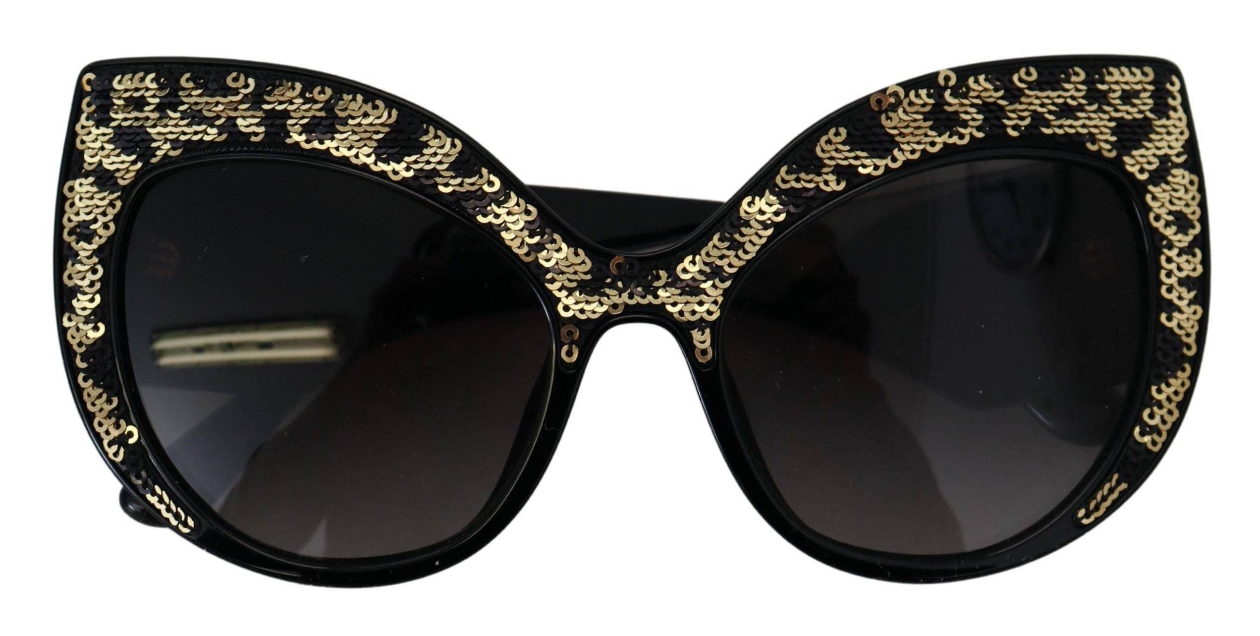 Lunettes de soleil Dolce & Gabbana DG4326 avec monture noire, détails en sequins dorés et ailes de papillon, verres polarisés.