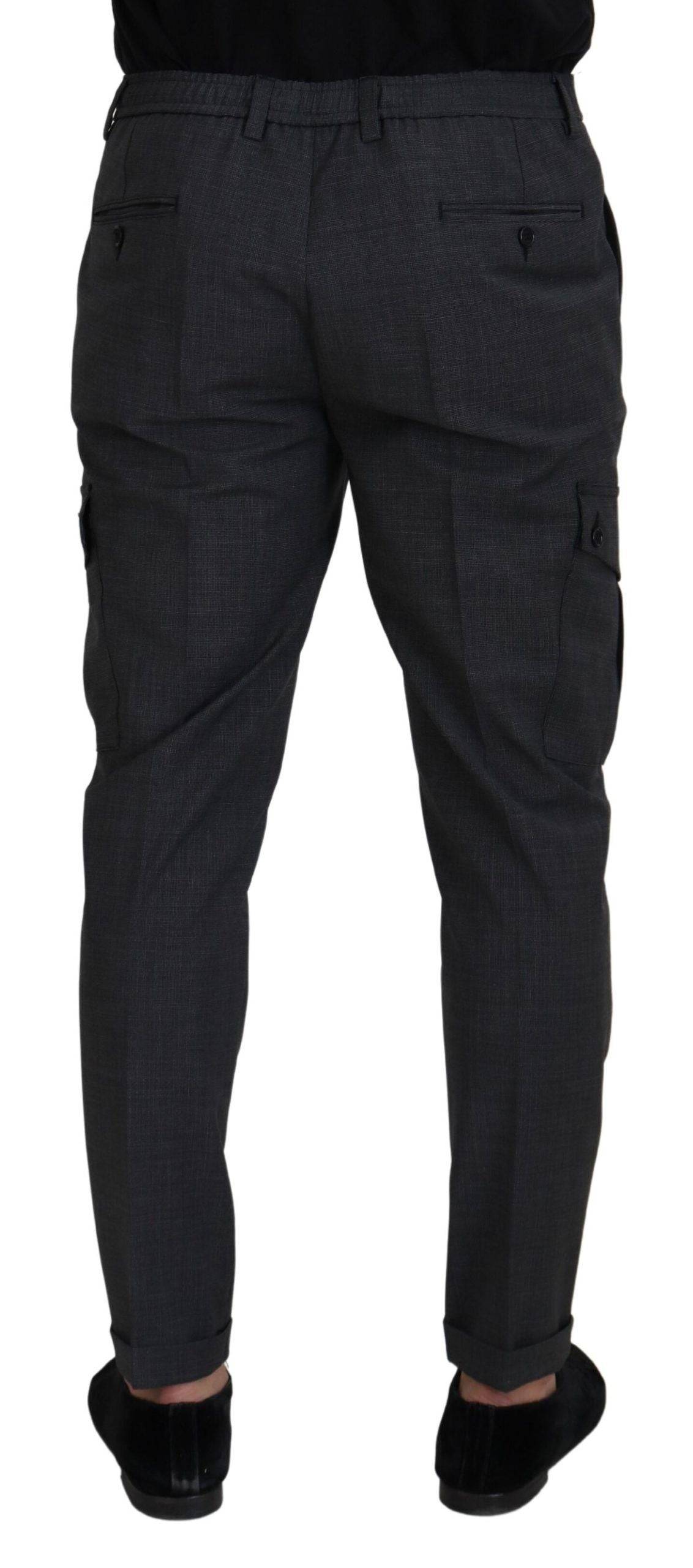 Pantalon cargo gris à carreaux Dolce & Gabbana, pantalon stretch robuste avec poches, style décontracté et élégant.