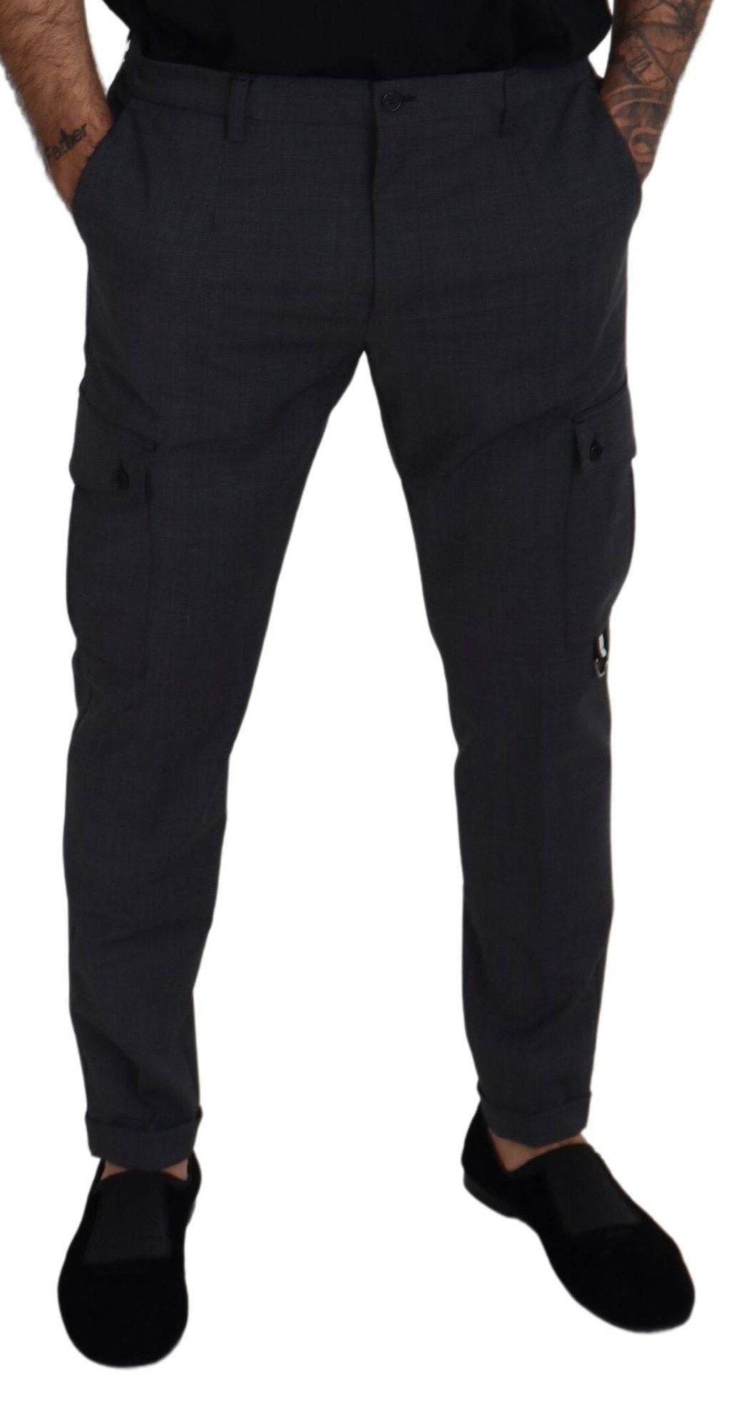 Pantalons cargo gris à carreaux Dolce & Gabbana, pantalon stretch élégant avec ceinture et poches latérales.