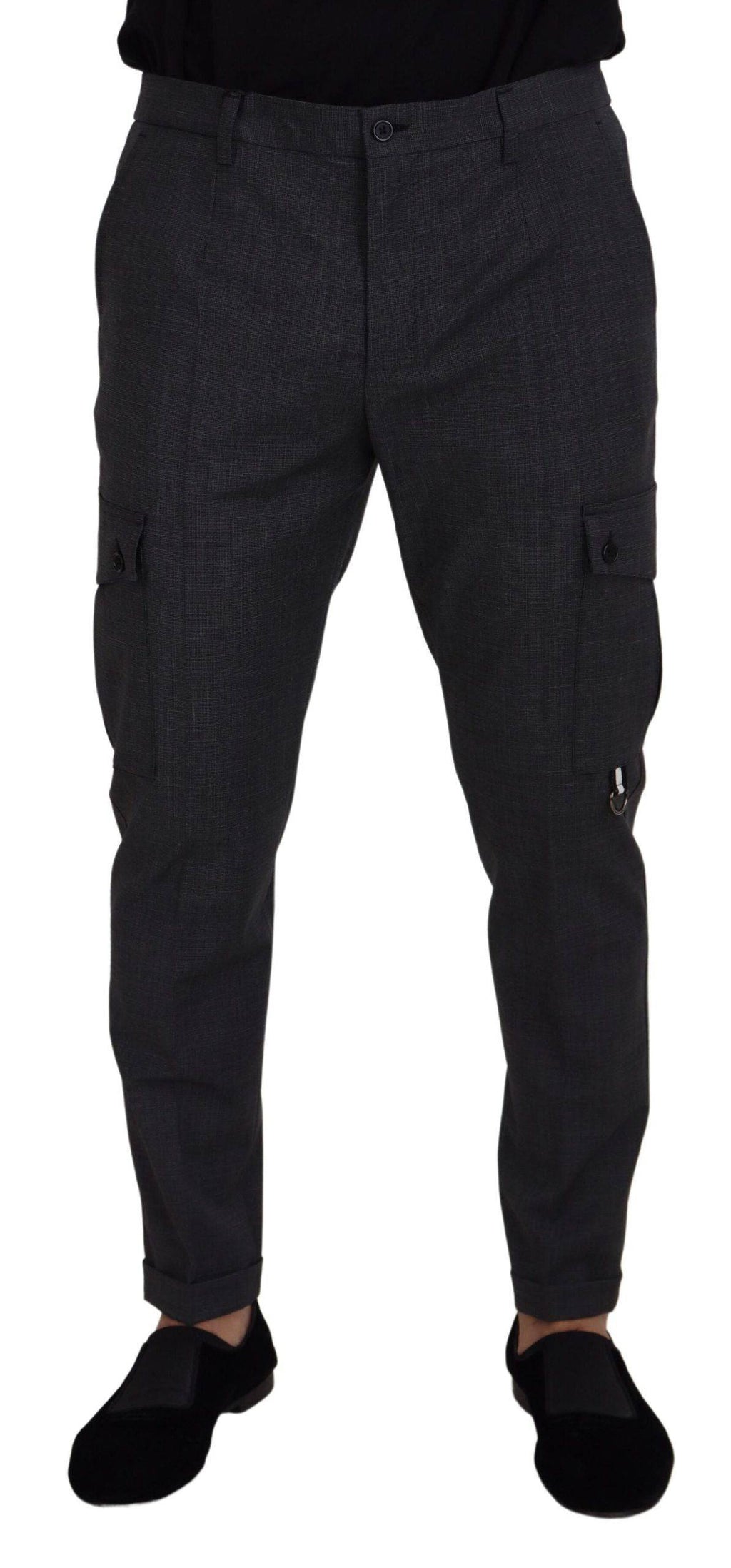 Pantalon cargo à carreaux gris Dolce & Gabbana, pantalon stretch tendance avec poches utilitaires, mode masculine élégante.