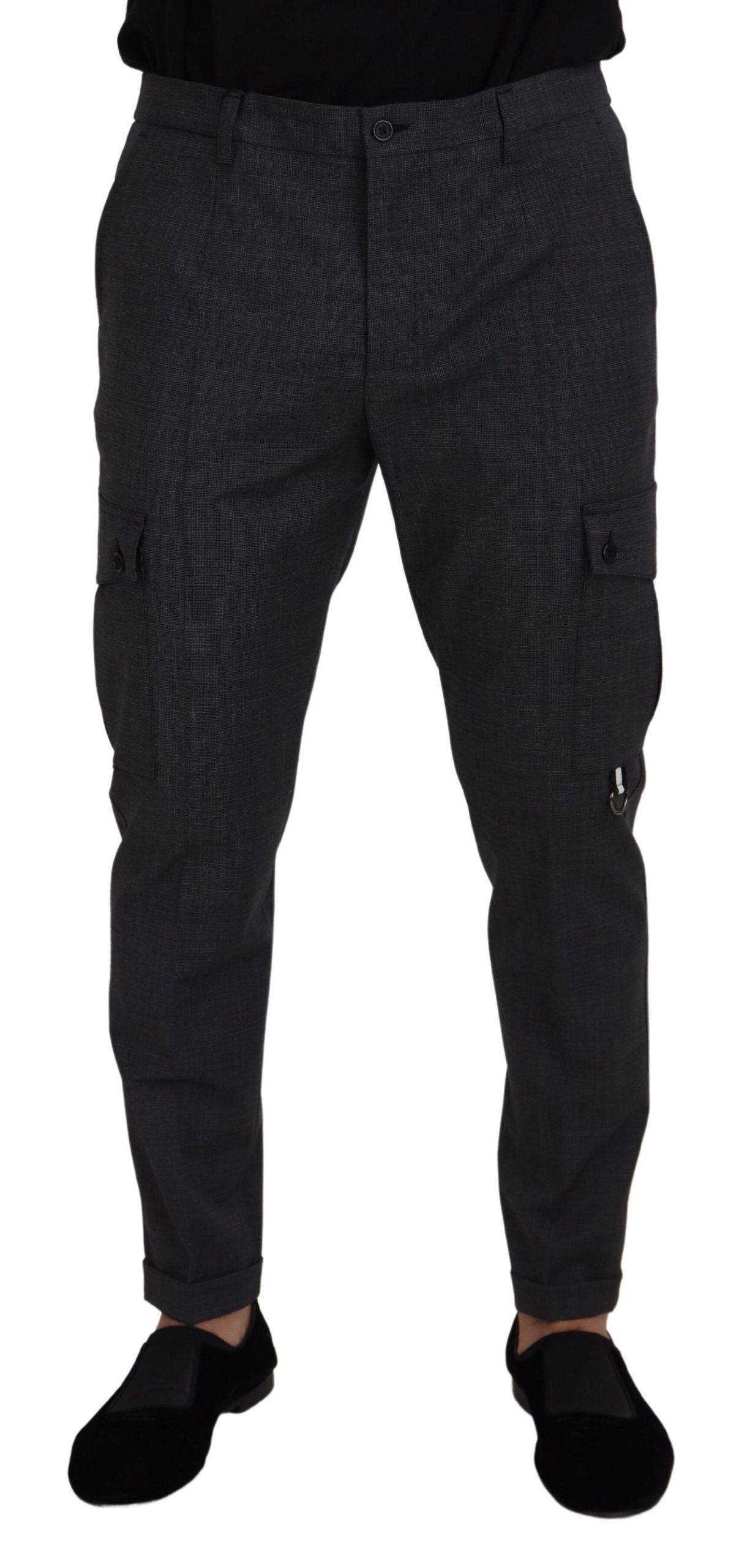 Pantalon cargo à carreaux gris Dolce & Gabbana, pantalon stretch tendance avec poches utilitaires, mode masculine élégante.