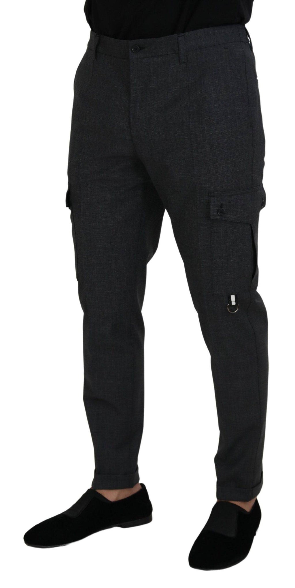 Pantalon cargo gris à carreaux Dolce & Gabbana, pantalon stretch décontracté avec poches pratiques et coupe moderne.