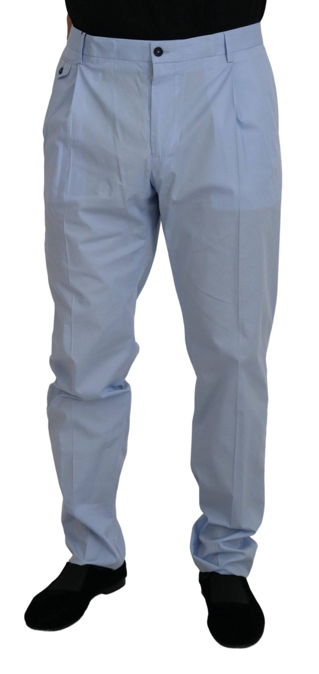 Pantalons chino en coton stretch bleu de Dolce & Gabbana, pantalon élégant pour homme, vue en gros plan.
