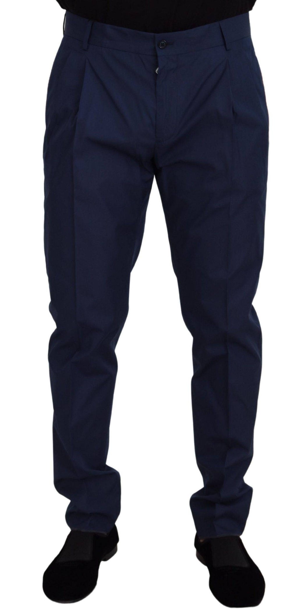 Pantalons Dolce & Gabbana en coton et soie bleus, style chino, avec coupe élégante et détails sophistiqués visible sur l'image.
