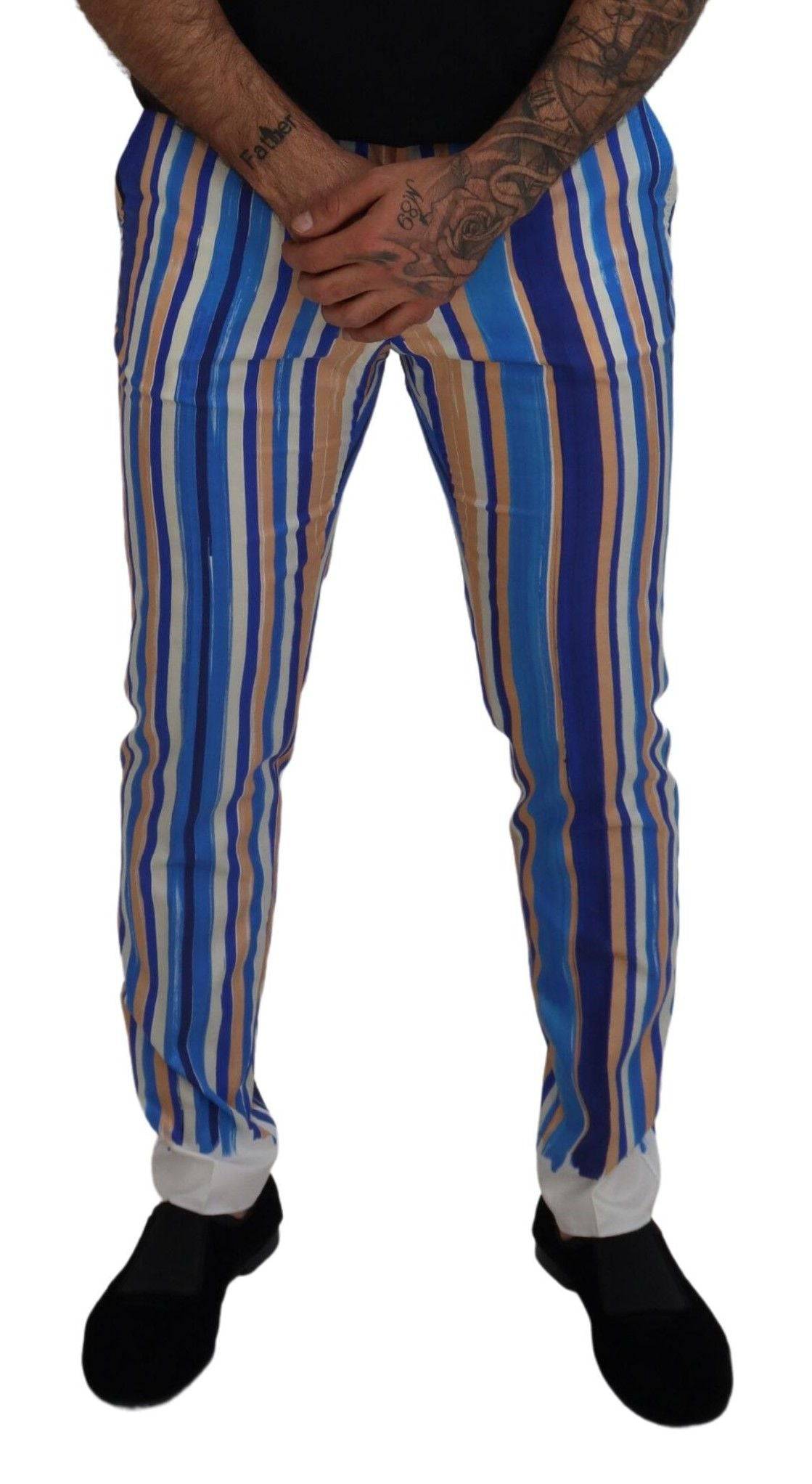 Pantalon slim en coton et soie à rayures bleues de Dolce & Gabbana, style élégant et ajusté.
