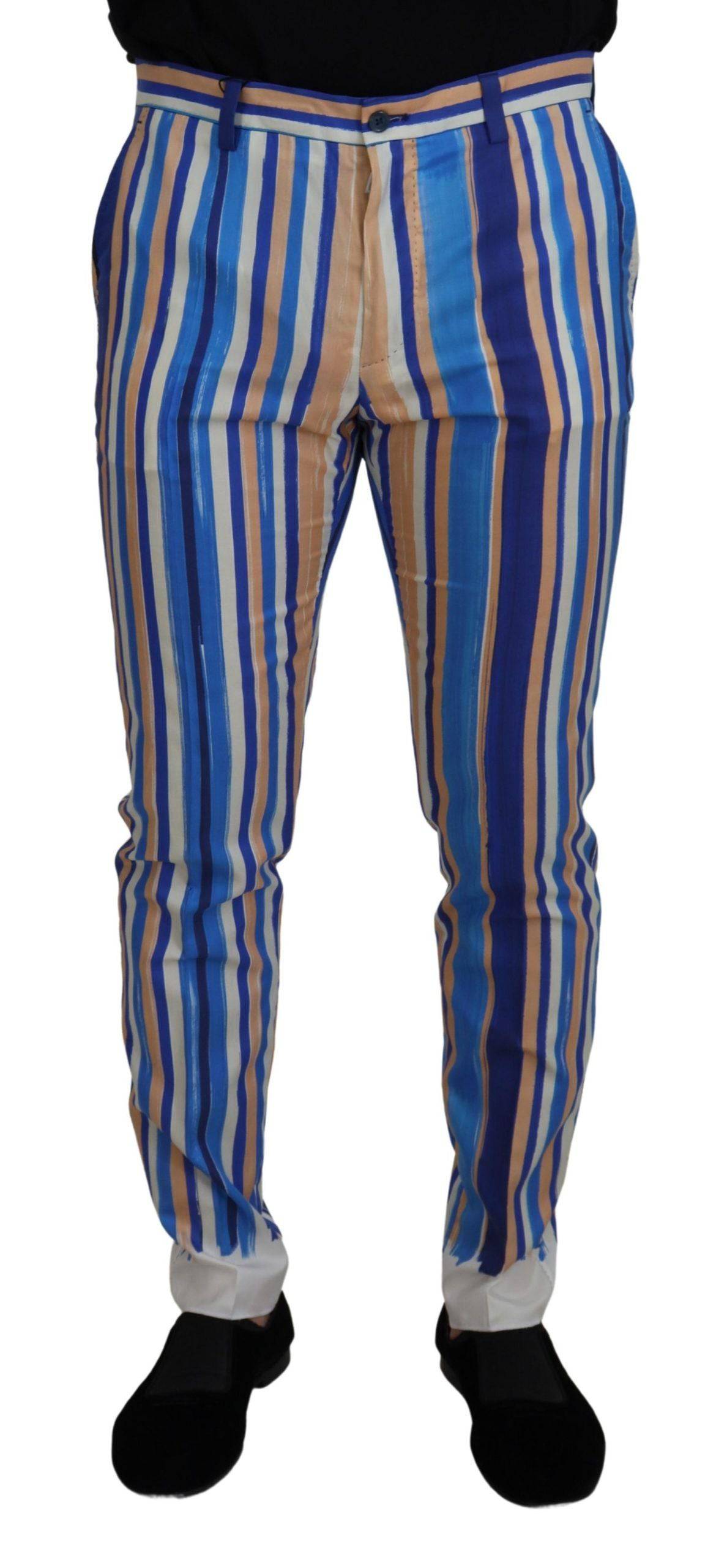 Pantalons slim en soie et coton à rayures bleues de Dolce & Gabbana, pantalon élégant et confortable pour homme