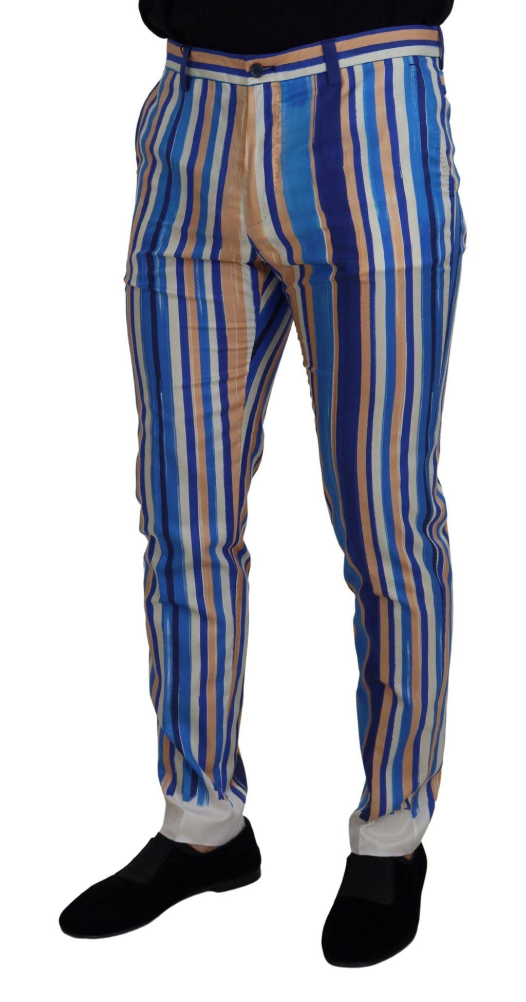 Pantalon slim Dolce & Gabbana en soie et coton à rayures bleues, pantalon élégant pour homme.