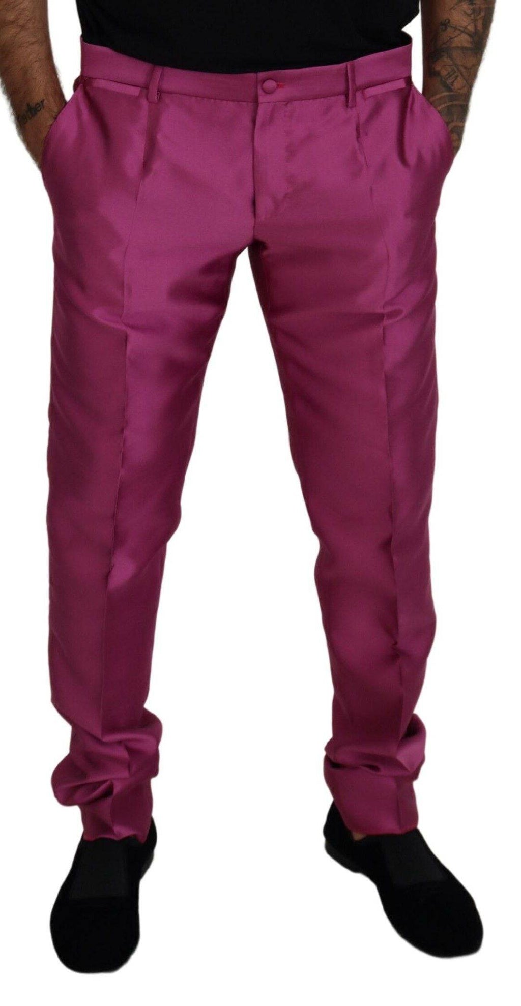 Pantalon habillé en soie rose Dolce & Gabbana, pantalon slim formel pour femme, détails élégants et coupe ajustée.