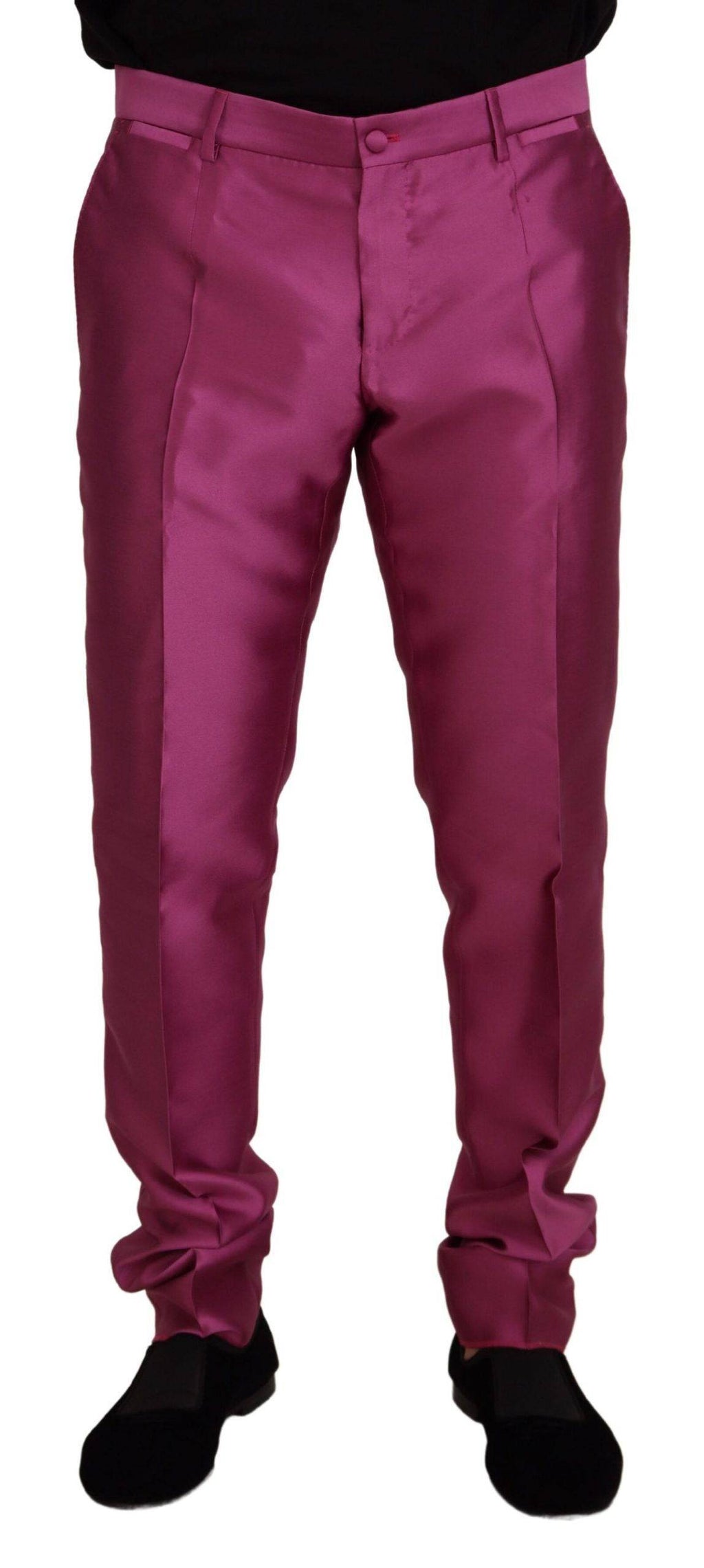 Pantalon slim en soie rose de Dolce & Gabbana, pantalon de robe formel pour femme, coupe élégante et sophistiquée.