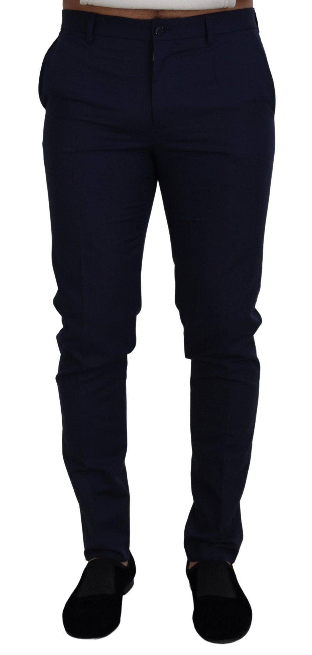 Pantalons slim en lin et coton bleu Dolce & Gabbana, chinos élégants avec coupe ajustée et détails sophistiqués.