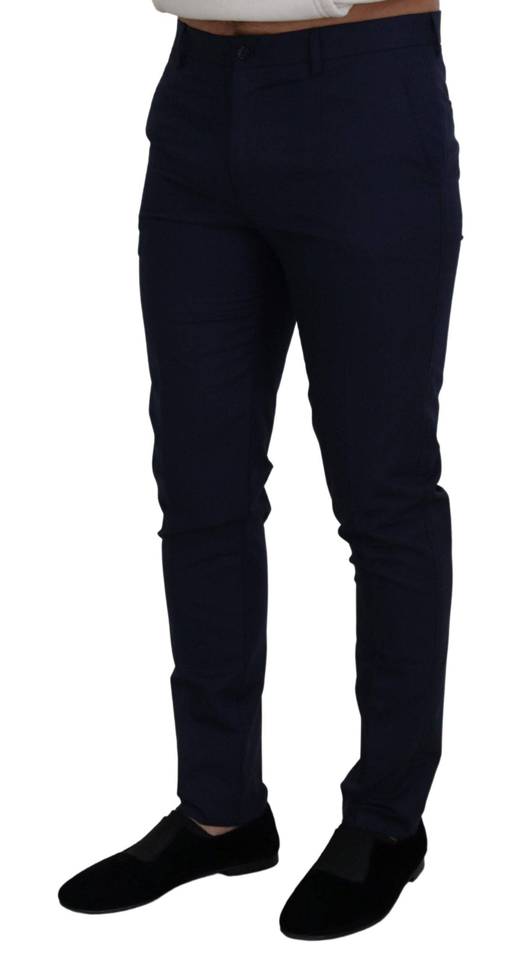 Pantalons slim en lin et coton bleu Dolce & Gabbana, chinos élégants avec coupe ajustée et détails modernes.