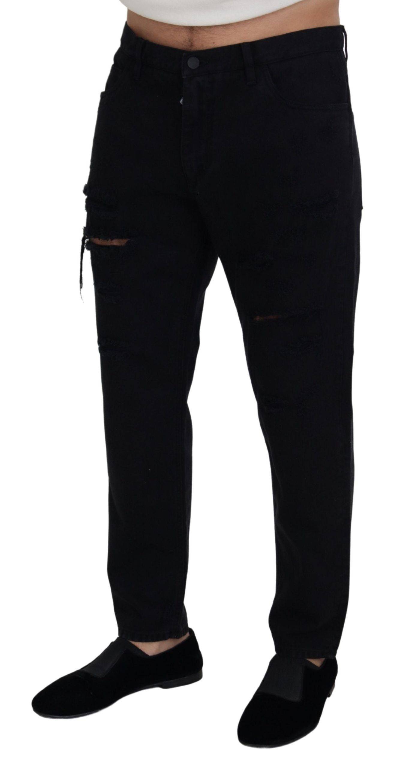 Jeans en coton noir Dolce & Gabbana, coupe décontractée et régulière, avec déchirures pour un style tendance.
