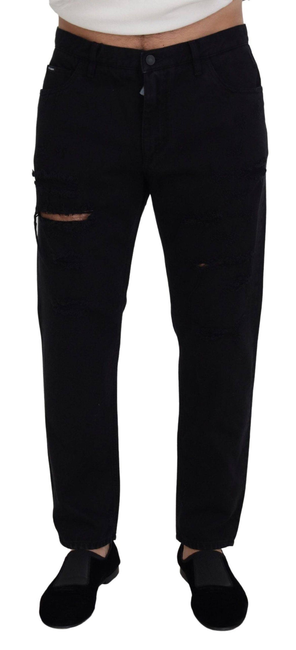 Jeans en coton noir Dolce & Gabbana, coupe ample et décontractée, avec un style déchiré et un aspect usé.