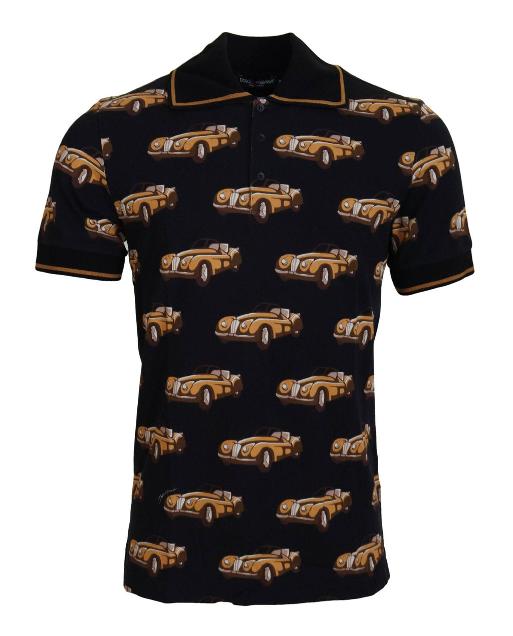 T-shirt polo à manches courtes noir Dolce & Gabbana avec imprimé voiture, design élégant et moderne.