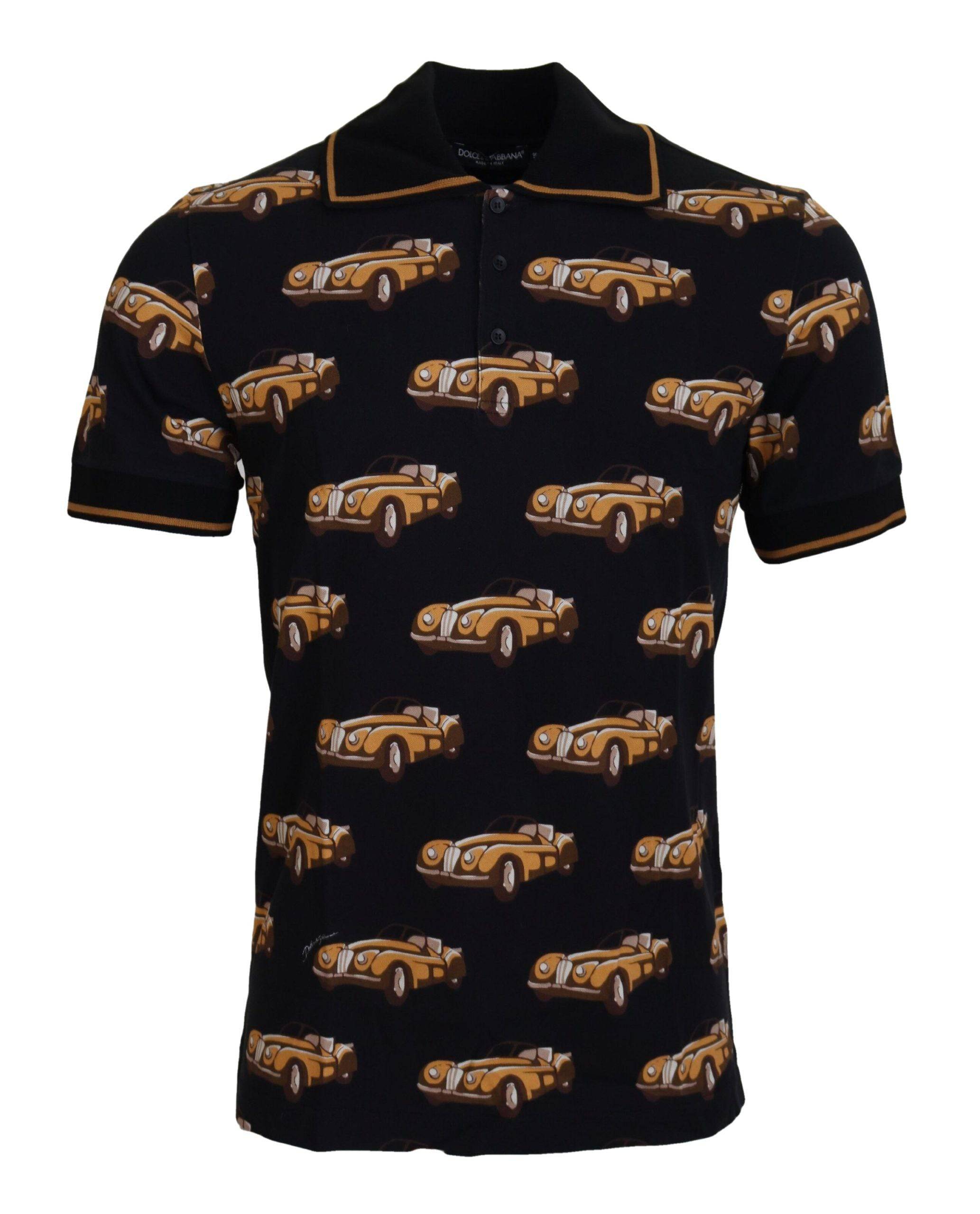 T-shirt polo à manches courtes noir Dolce & Gabbana avec imprimé voiture, design élégant et moderne.