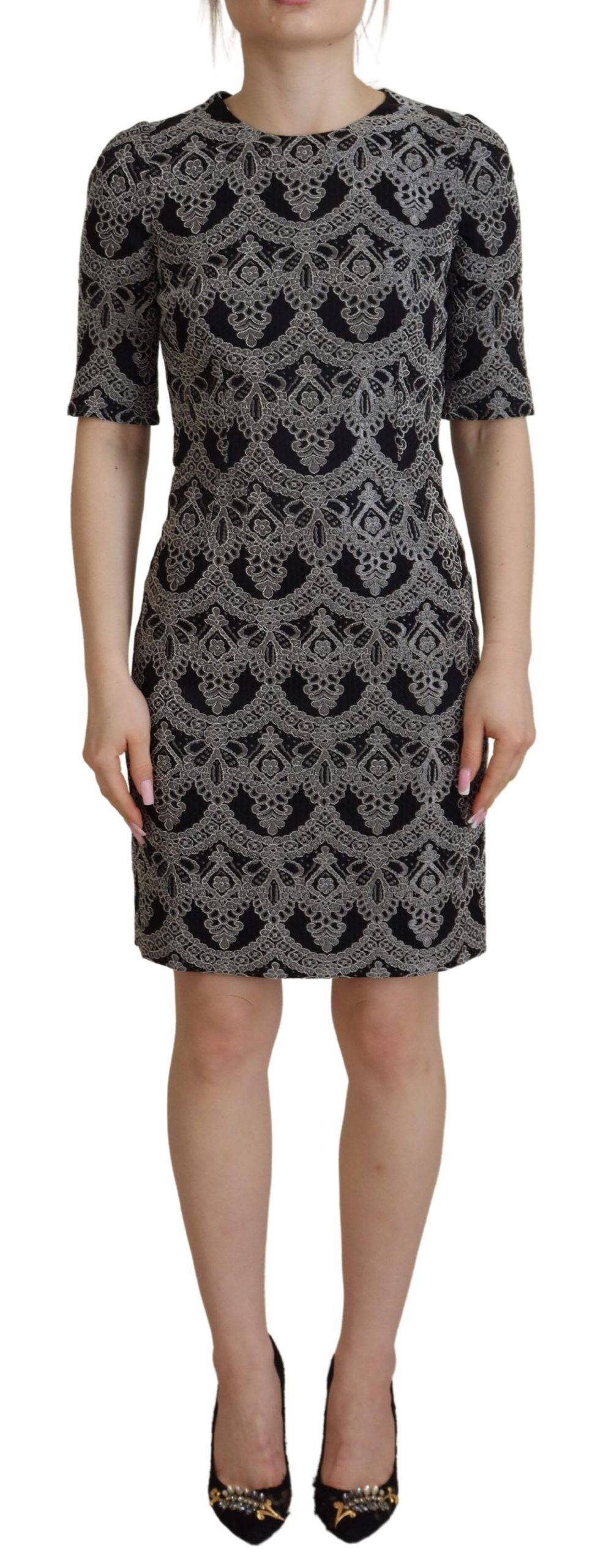 Robe noire et grise Dolce & Gabbana en jacquard ajustée, style robe fourreau pour femme.
