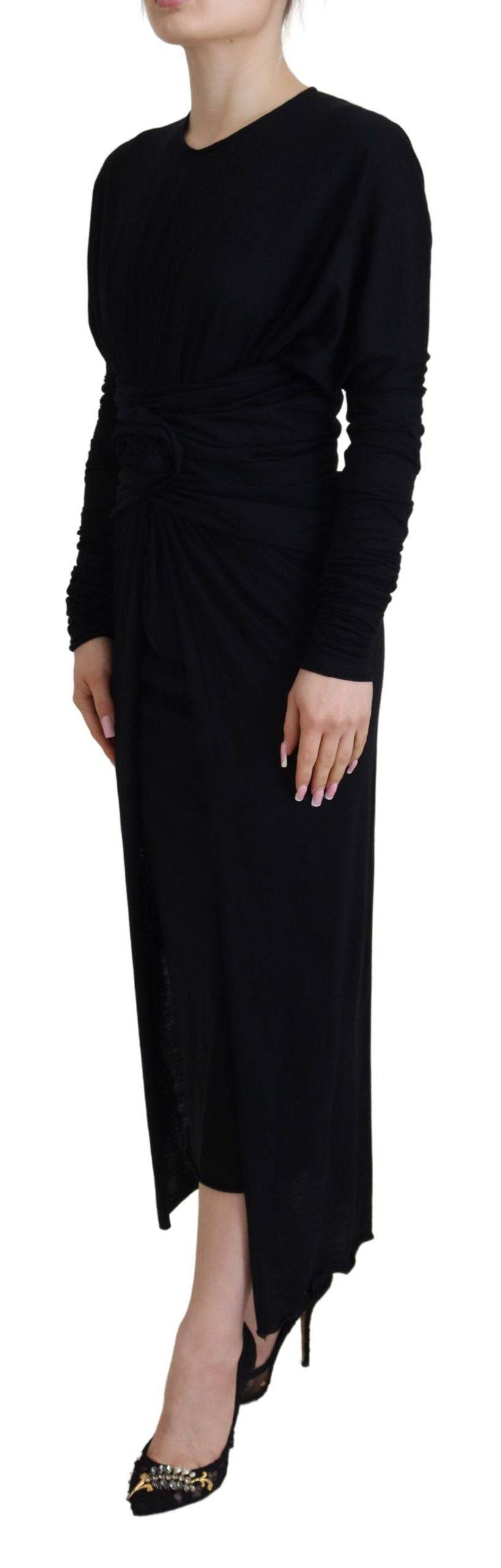 Robe longue Dolce & Gabbana noire en laine, robe fourreau midi avec ceinture wrap élégante et sophistiquée.