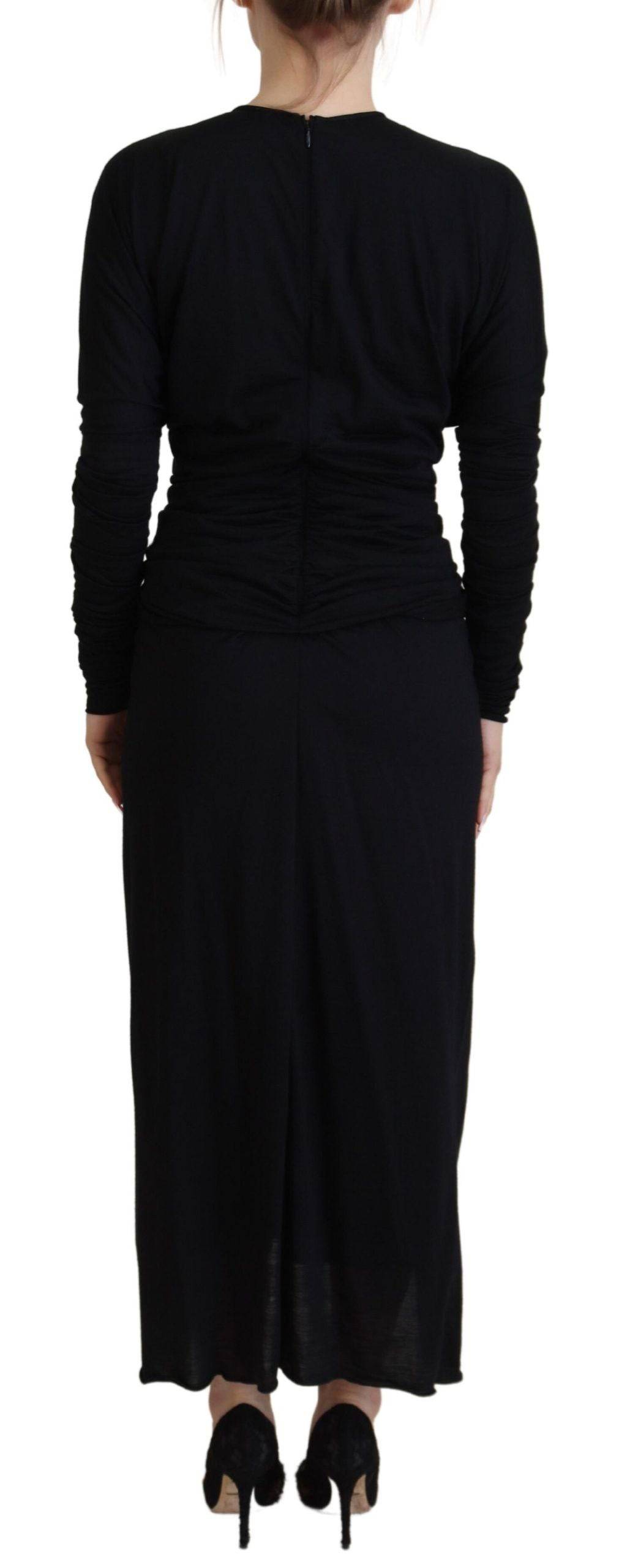Robe midi moulante noire Dolce & Gabbana en laine, robe portefeuille élégante pour occasion spéciale.
